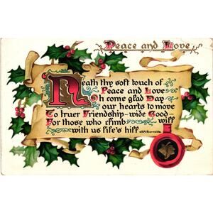 Vintage 1908 Christmas Rapheal Tuck Post Card Embossed Holly Peace and Love Poem